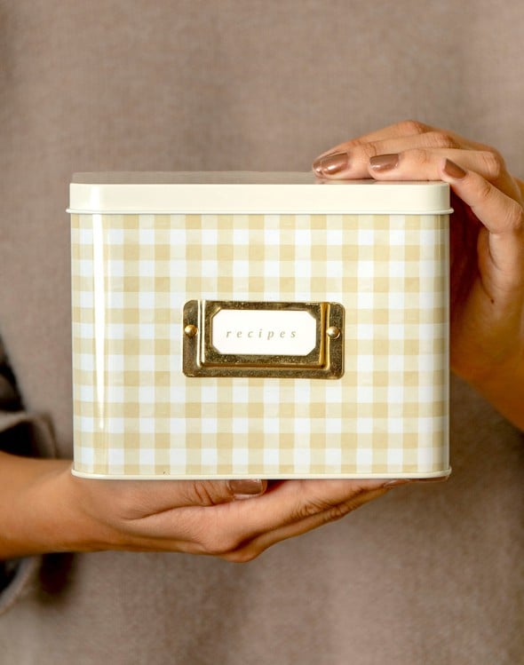 Beige Gingham Tin Recipe Box - 1canoe2