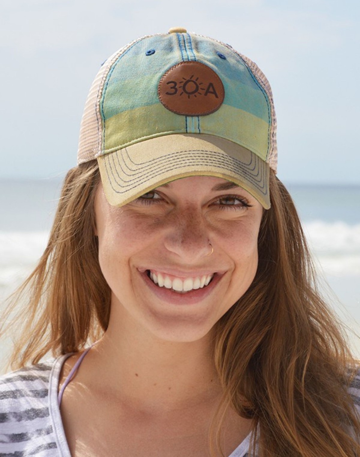 30A® Striped Trucker Hat with Leather Logo - Women item