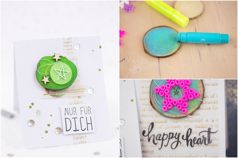 Cards with wooden circles and perler beads