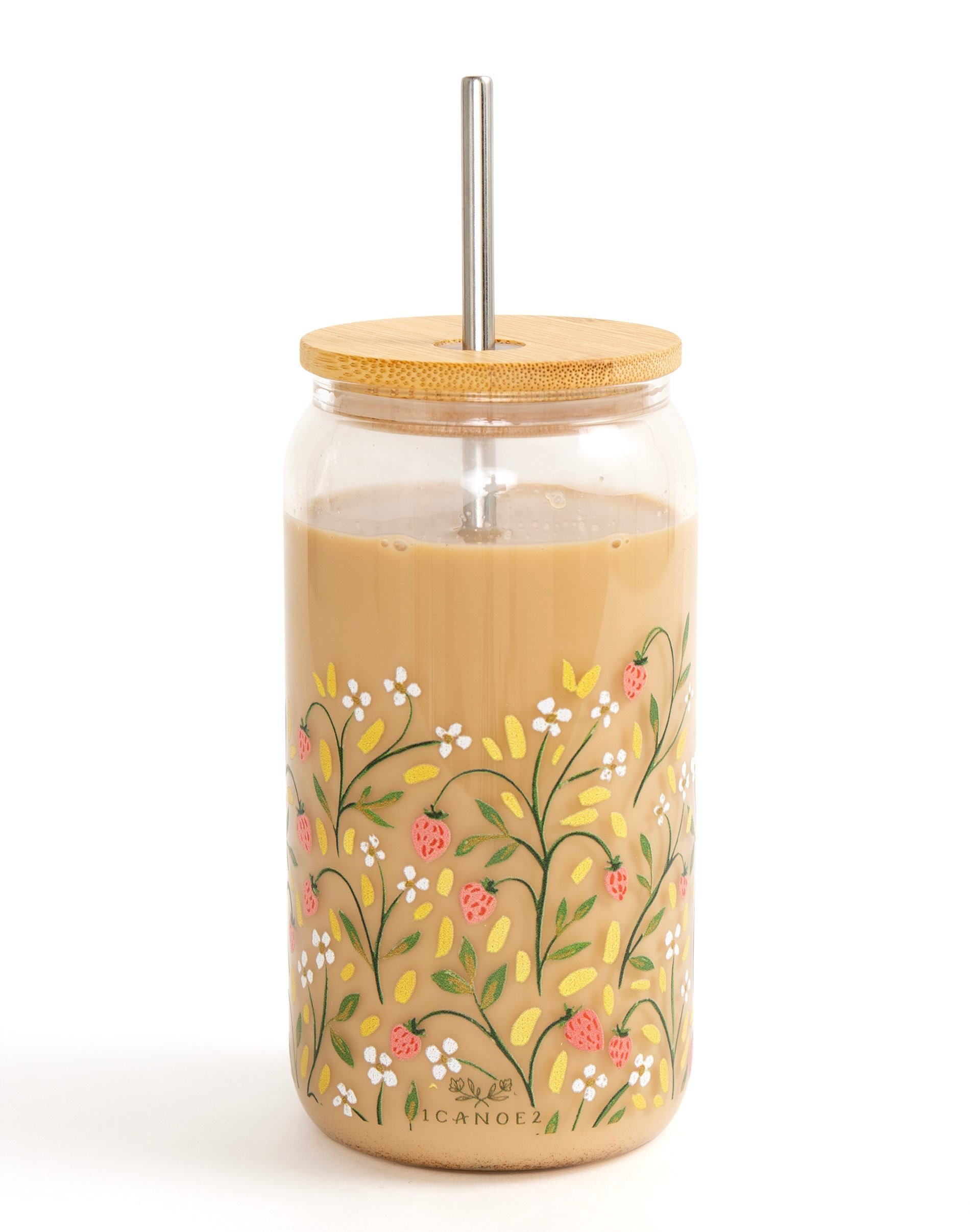 COFFEE Glass Can and Bamboo lid and Straw