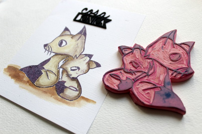 Foxes handcrafted stamp