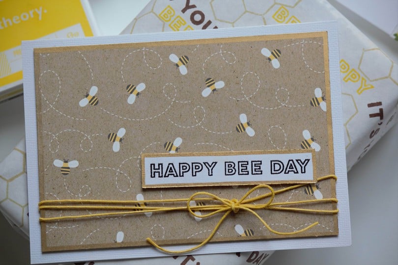 Closeup happy bee day card original