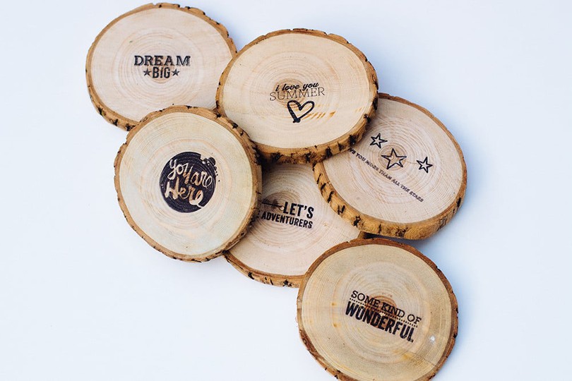 Stamped wood coasters
